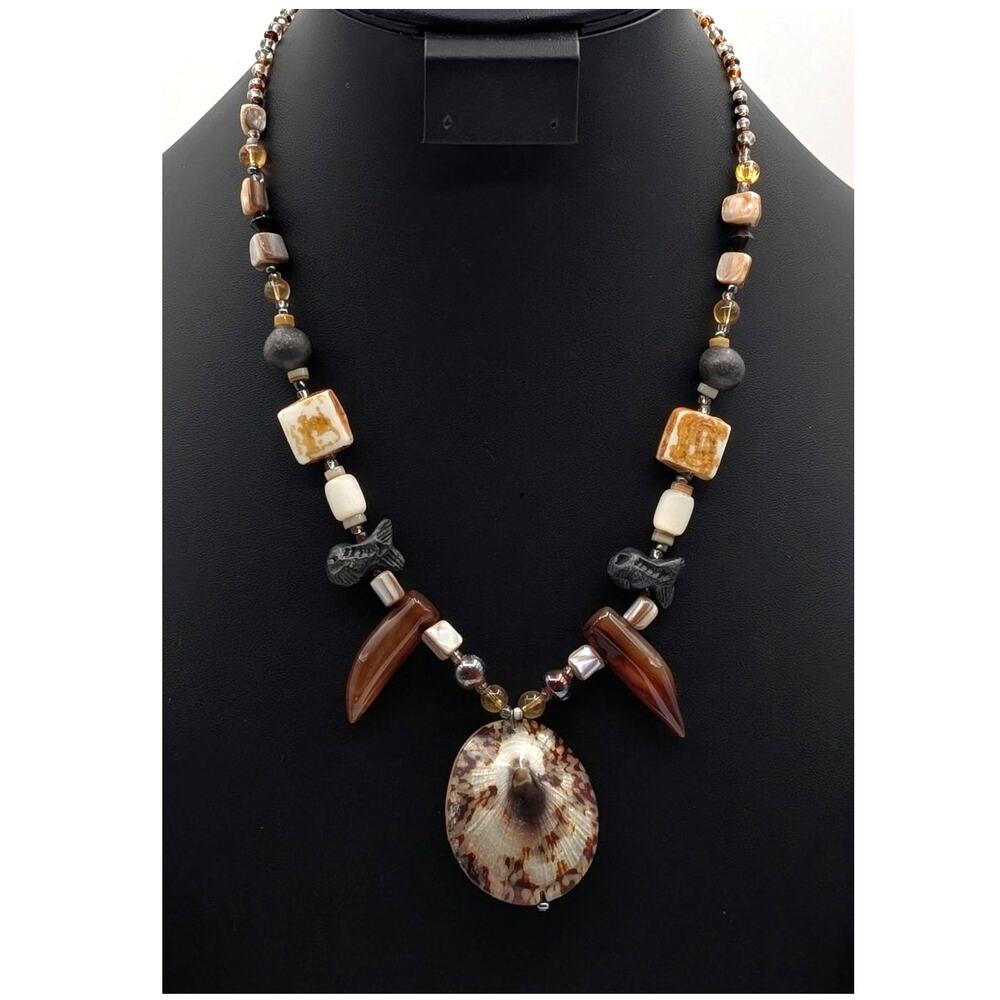 Shell Pendant Beachy Tribal Boho Glass Bead Fishy Toggle Clasp 21" Necklace